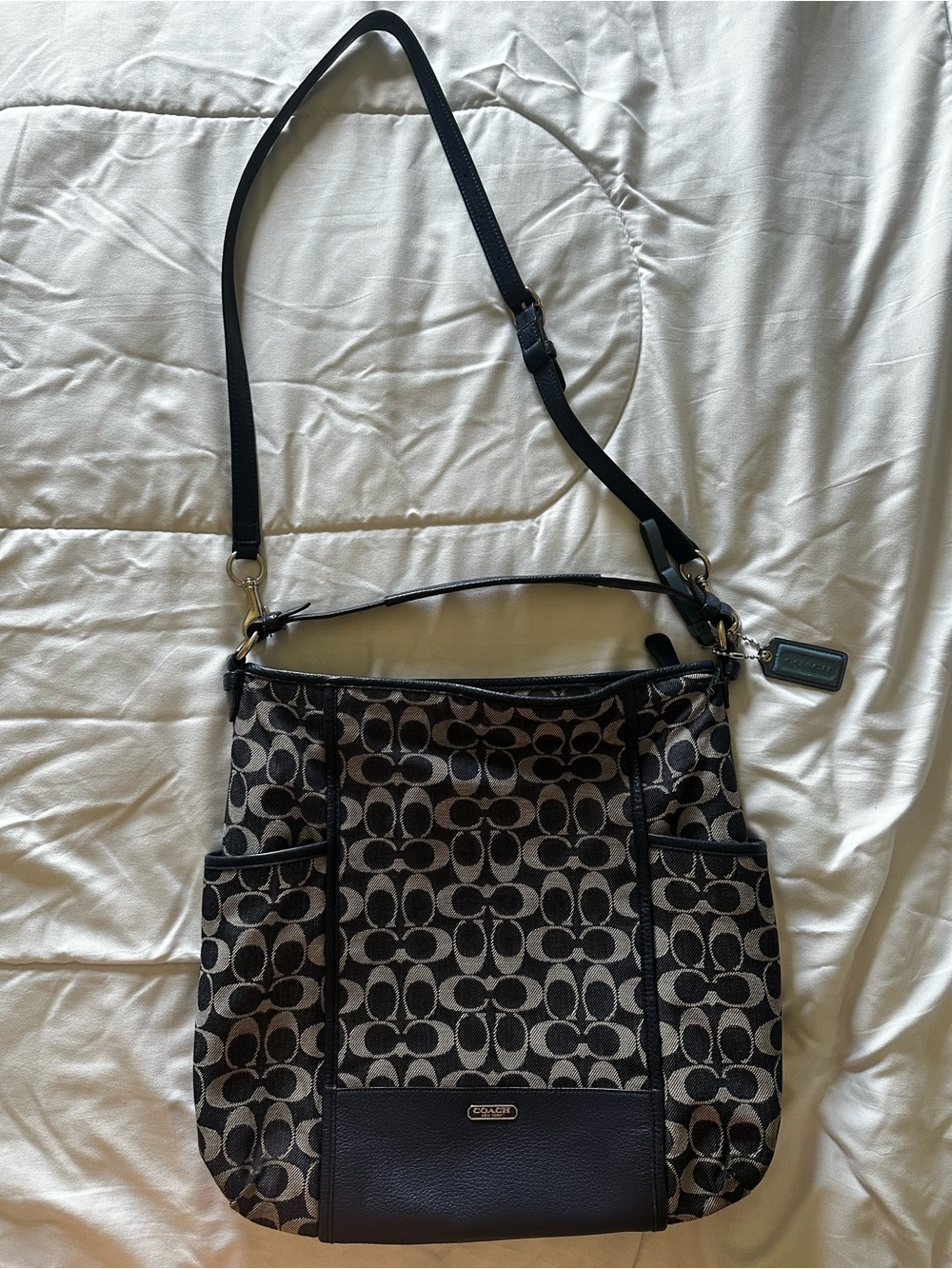 COACH Park Signature Hobo Shoulder Bag - Navy Blue/Gray Monogram Canvas